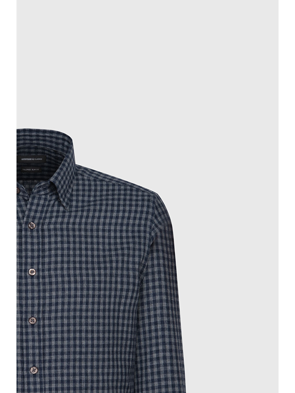 Erkek Lacivert-Gri Pamuklu Flanel Comfort Fit Rahat Kesim Gizli Düğmeli Yaka Kareli Gömlek-7