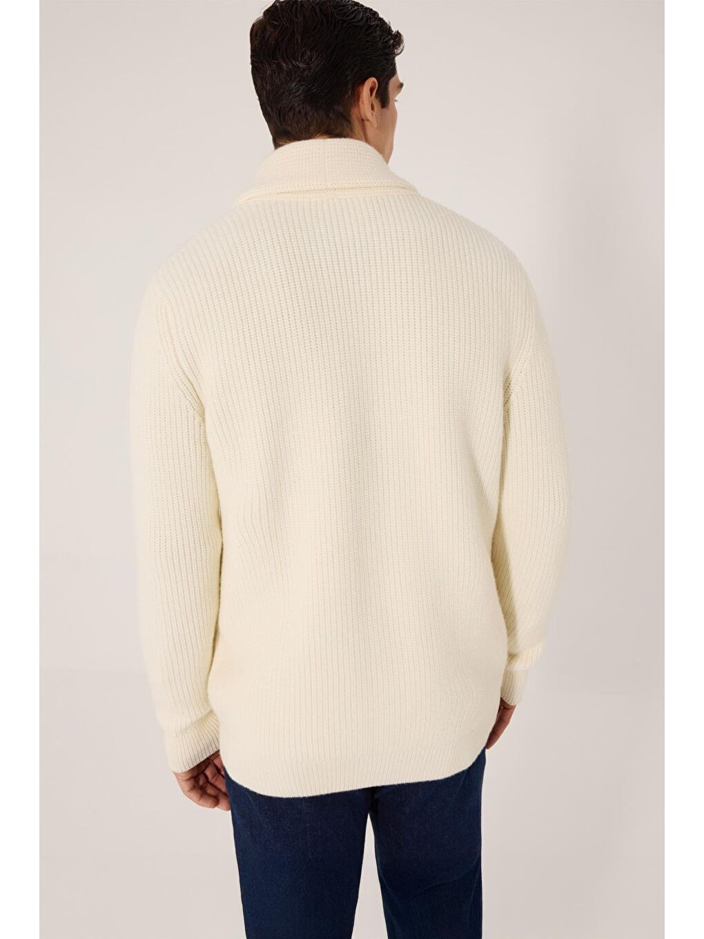 Ekru Comfort Fit Yün Karışımlı Şal Yaka Cepli Triko Hırka-3