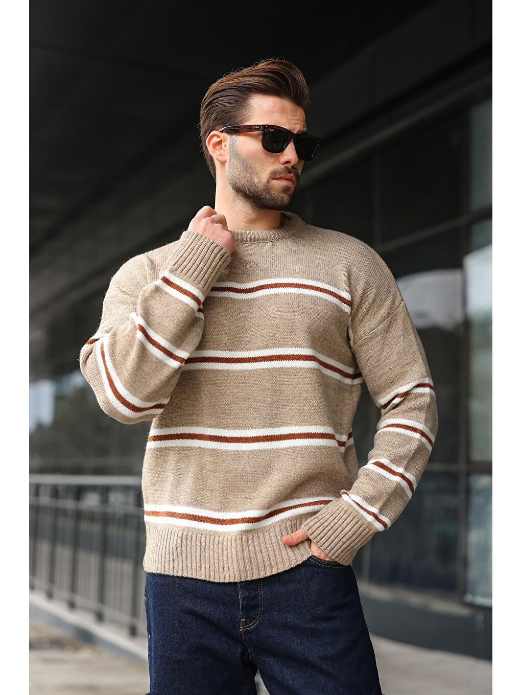 Bej Vizon Çizgili Bisiklet Yaka Triko Erkek Kazak E7457-3