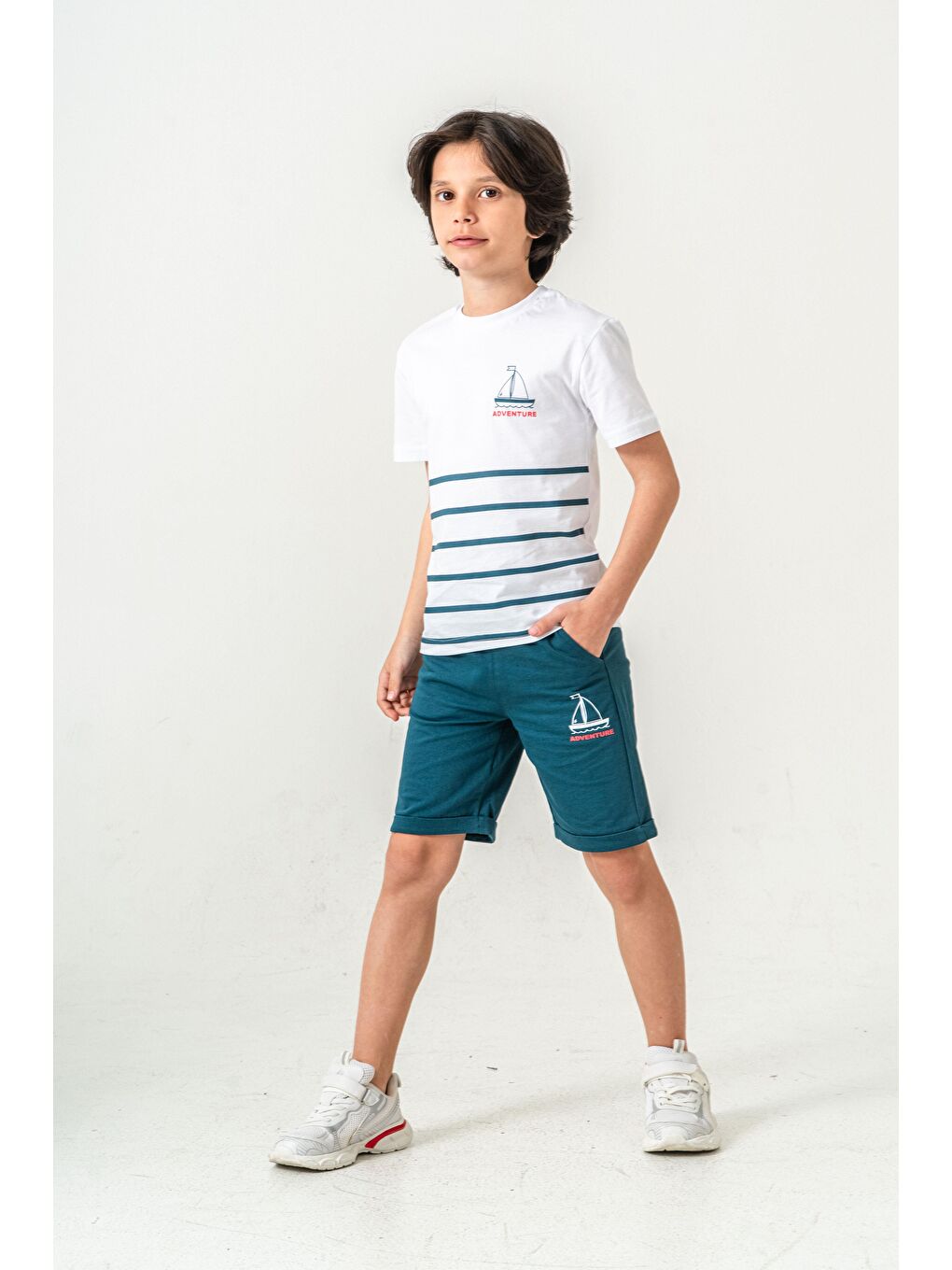 Yeşil Adventure Baskılı  Erkek Çocuk Şort - Tişört Takımı-1