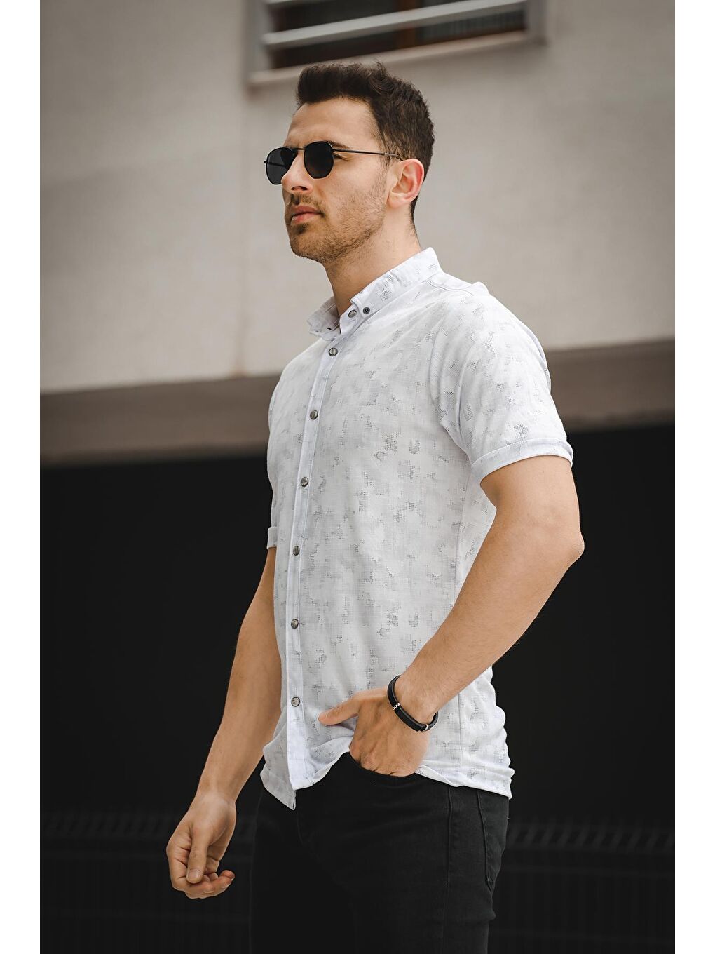 Beyaz Grann Slim Elastanlı Hafif Çıtçıtlı Düğmeli Yaka Kısa Kol Erkek Gömlek-2