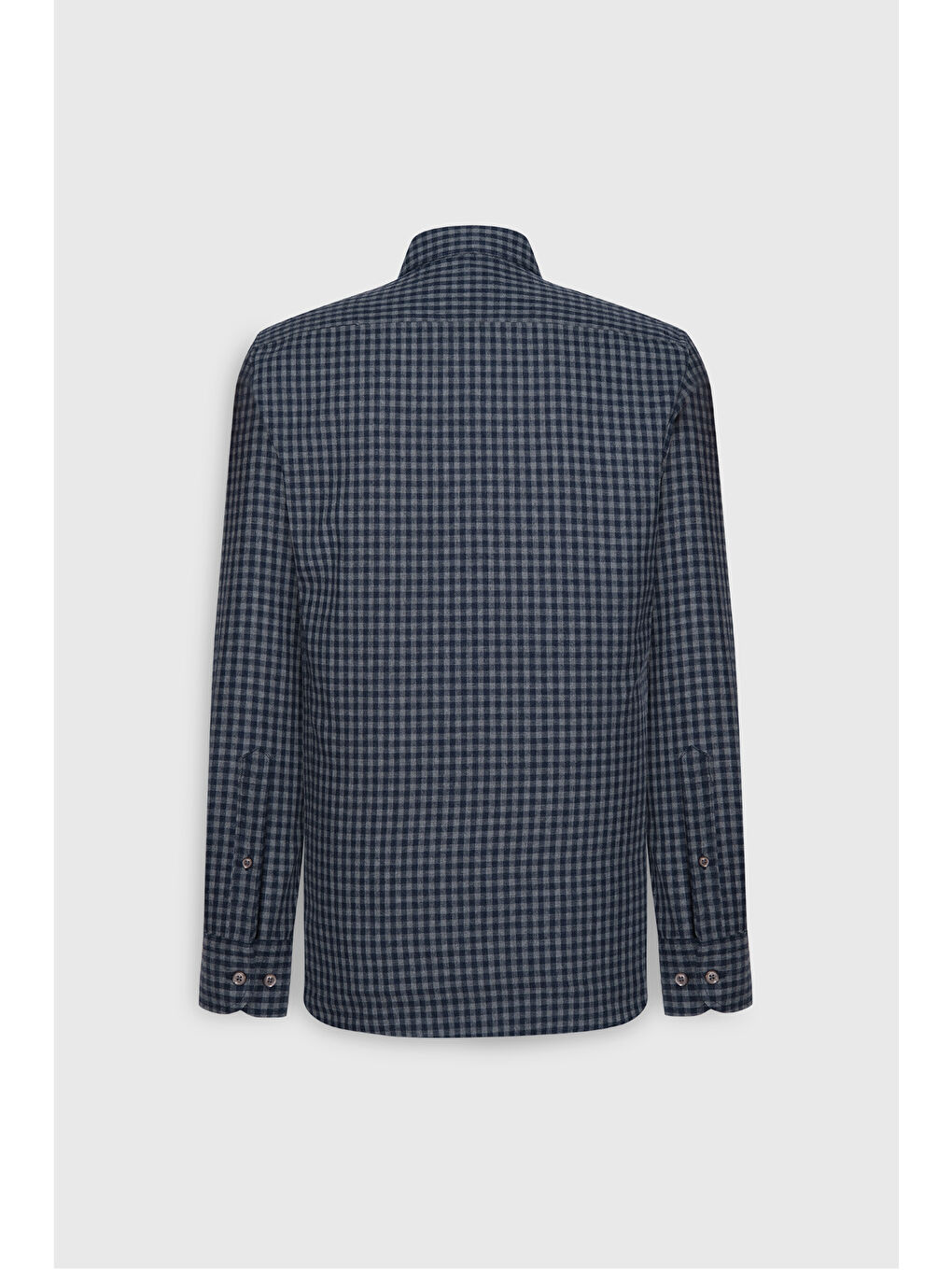 Erkek Lacivert-Gri Pamuklu Flanel Comfort Fit Rahat Kesim Gizli Düğmeli Yaka Kareli Gömlek-9