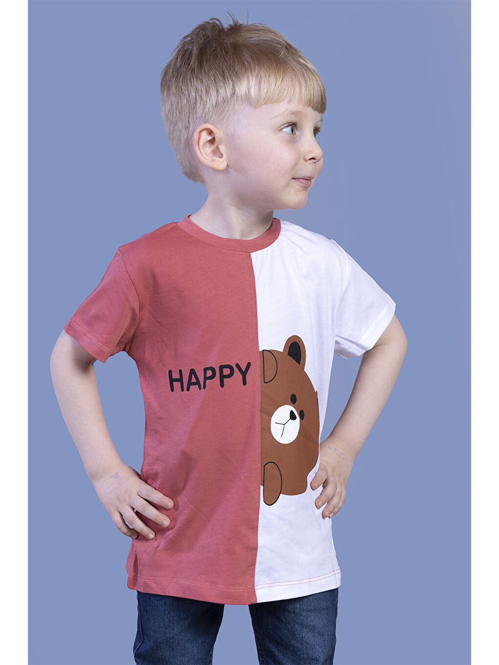 Kırmızı Erkek Çocuk İki Renkli Ayıcık Baskılı Tişört