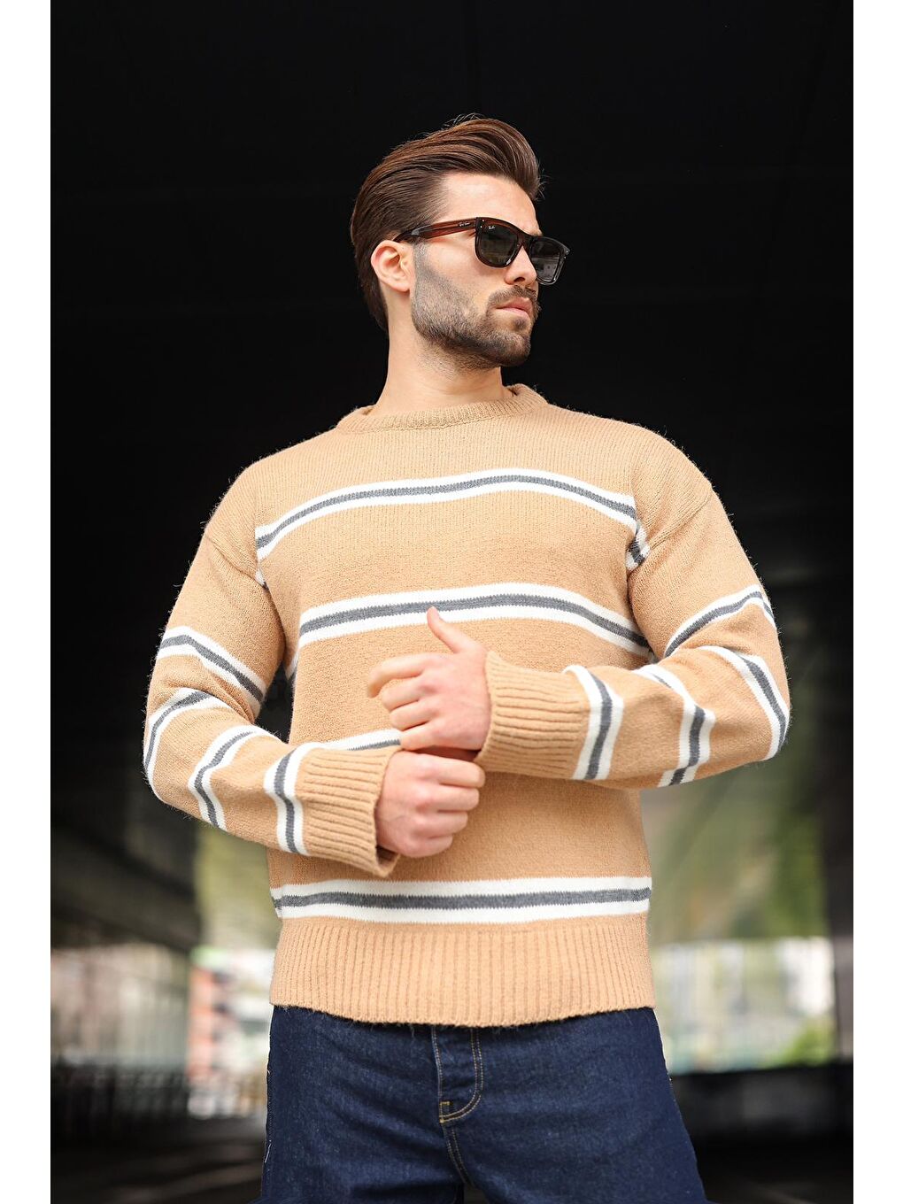 Kahverengi Camel Çizgili Bisiklet Yaka Triko Erkek Kazak E7457-1