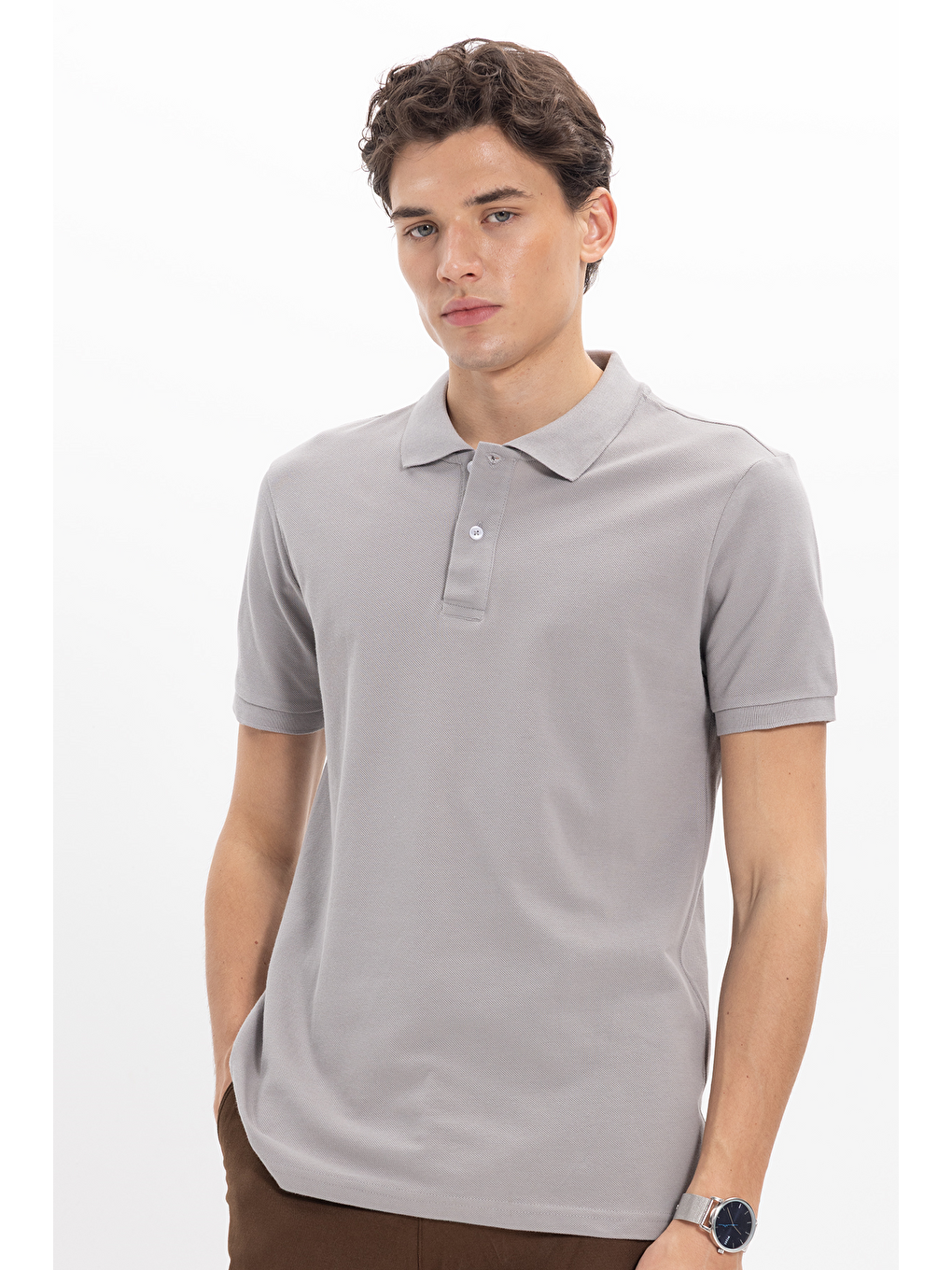 Erkek Slim Fit Dar Kesim %100 Pamuk Kısa Kollu Polo Yaka Gri Tişört