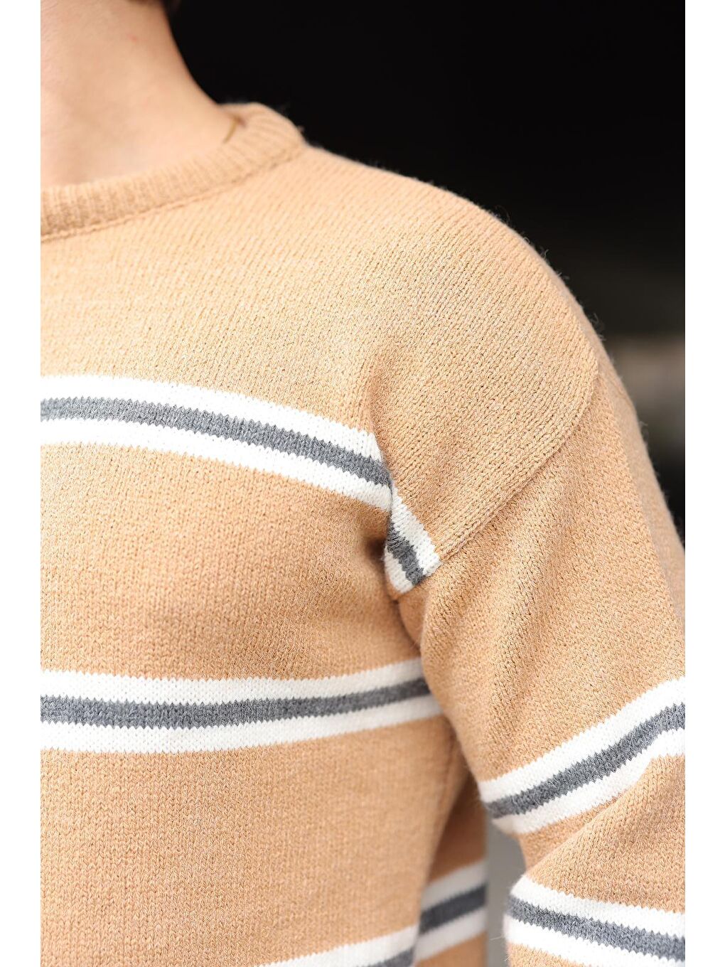 Kahverengi Camel Çizgili Bisiklet Yaka Triko Erkek Kazak E7457-2