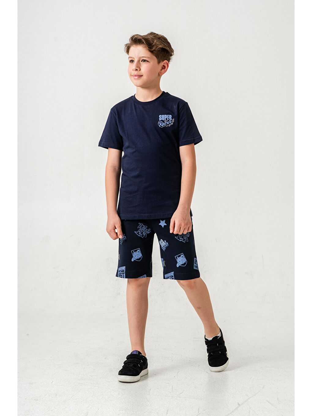 Lacivert Super Racer Baskılı Erkek Çocuk Şort - Tişört Takımı