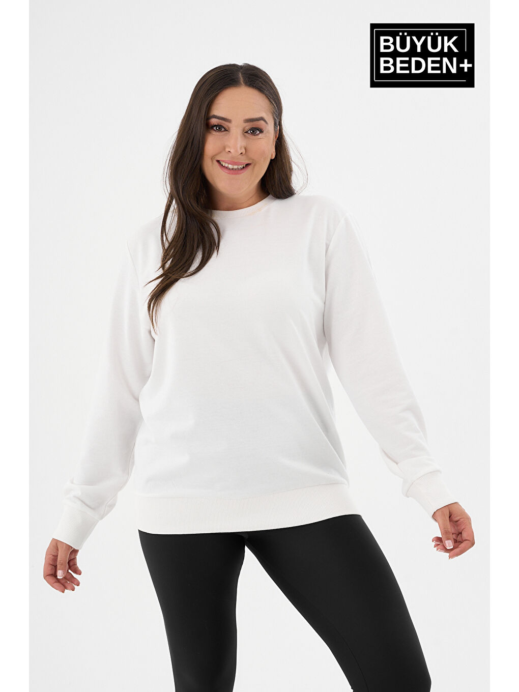 Ekru Kadın Büyük Beden Bisiklet Yaka İnce Sweatshirt SPR24BSWK56