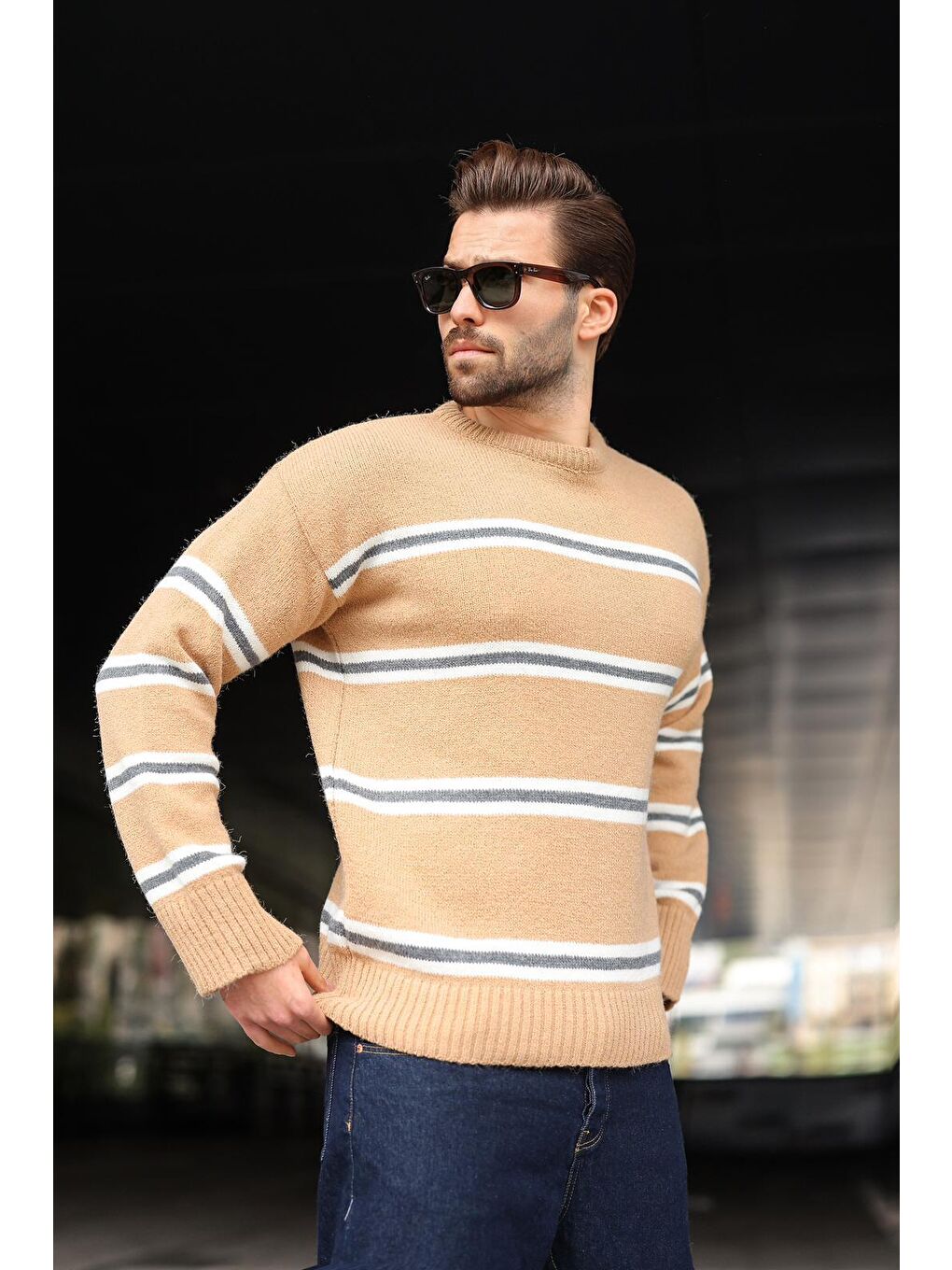 Kahverengi Camel Çizgili Bisiklet Yaka Triko Erkek Kazak E7457-3