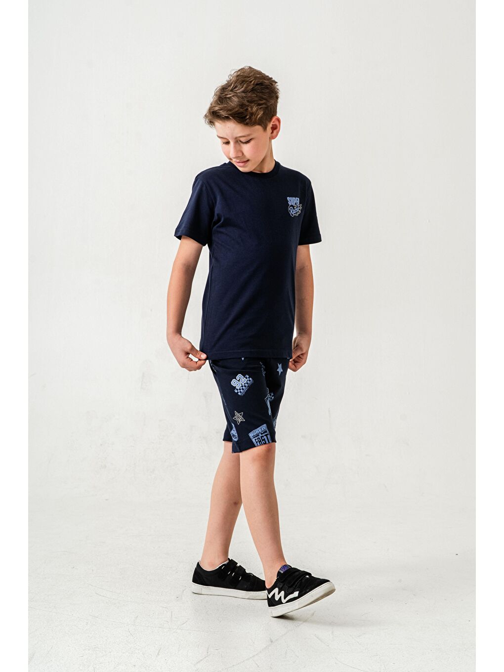 Lacivert Super Racer Baskılı Erkek Çocuk Şort - Tişört Takımı-2