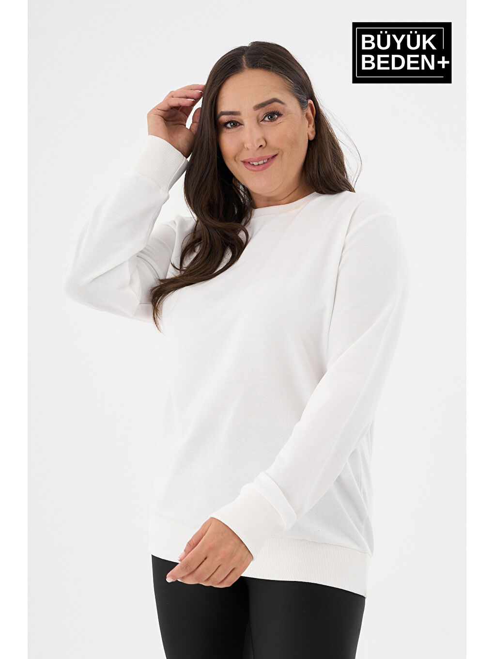 Ekru Kadın Büyük Beden Bisiklet Yaka İnce Sweatshirt SPR24BSWK56-1