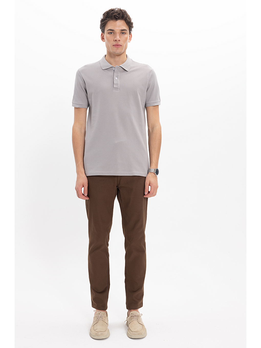 Erkek Slim Fit Dar Kesim %100 Pamuk Kısa Kollu Polo Yaka Gri Tişört-1