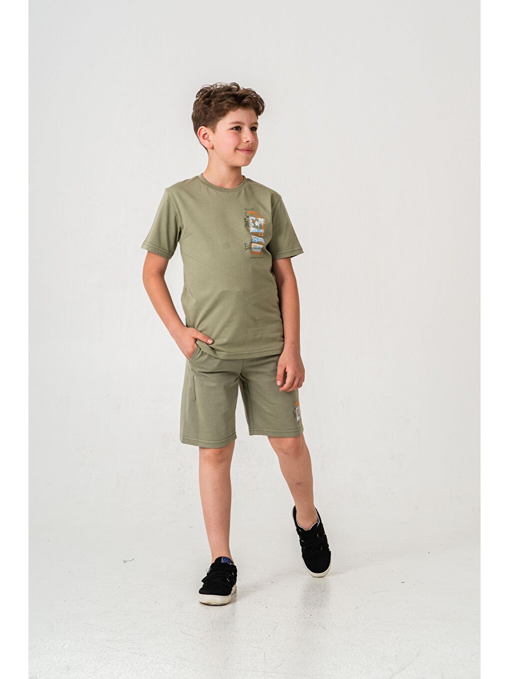 Yeşil Vacation Time Baskılı Bacak  Baskı Detaylı  Erkek Çocuk Şort - Tişört Takımı-2