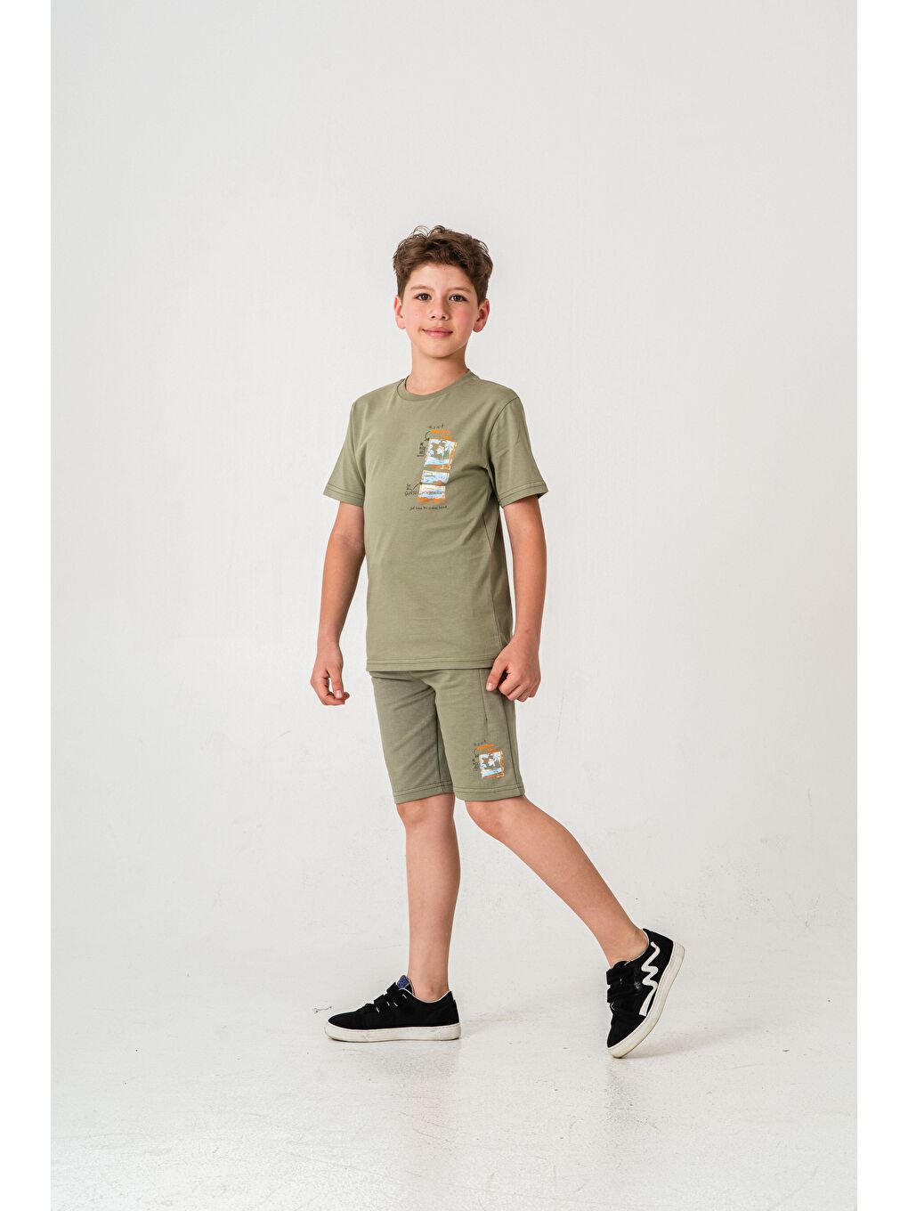 Yeşil Vacation Time Baskılı Bacak  Baskı Detaylı  Erkek Çocuk Şort - Tişört Takımı-3