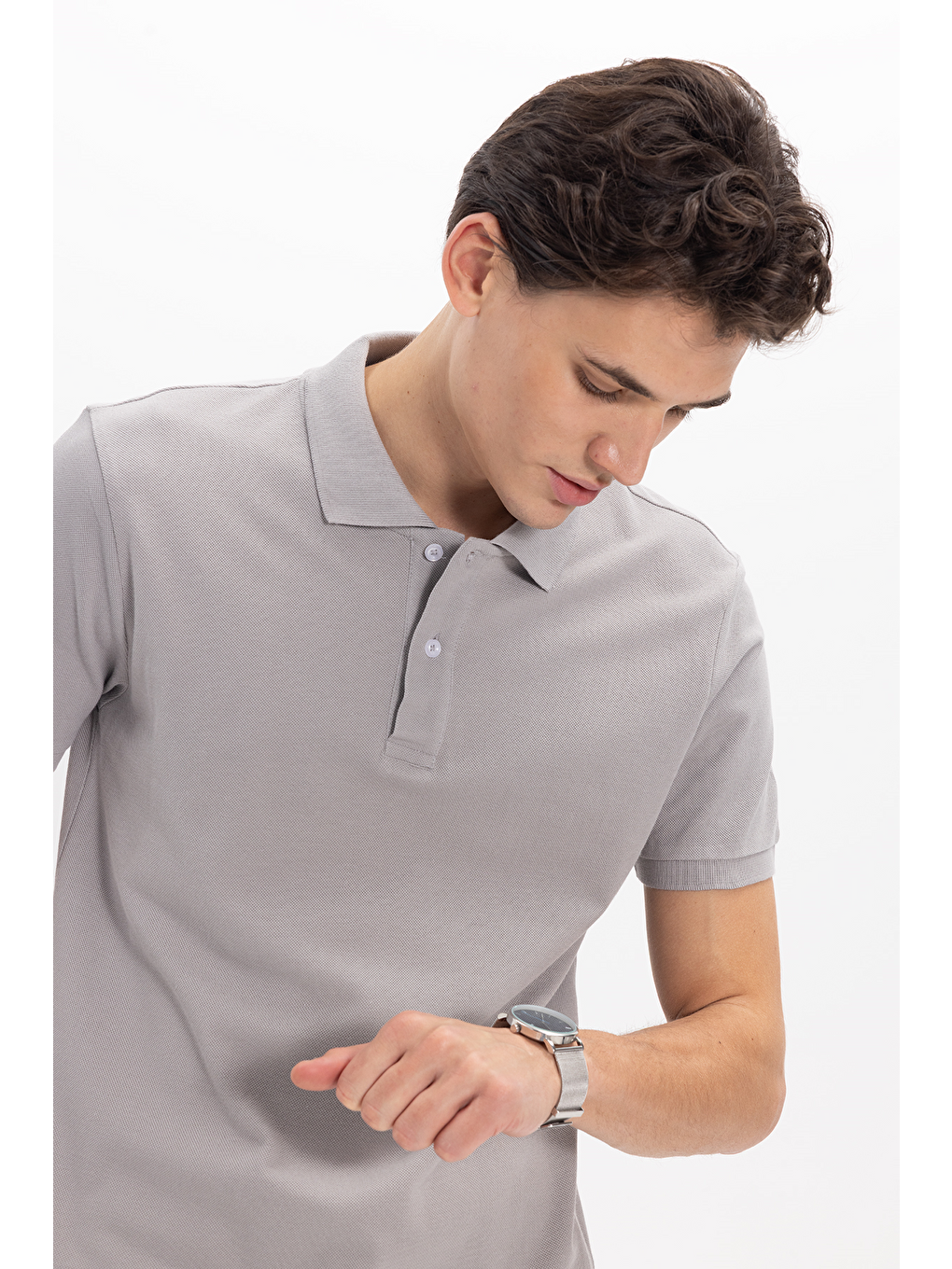 Erkek Slim Fit Dar Kesim %100 Pamuk Kısa Kollu Polo Yaka Gri Tişört-2