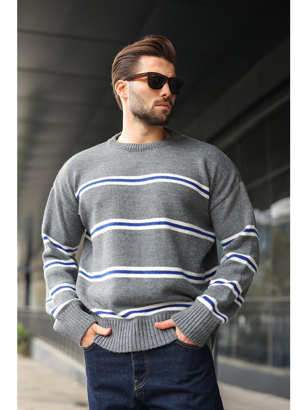 Antrasit Çizgili Bisiklet Yaka Triko Erkek Kazak E7457-1