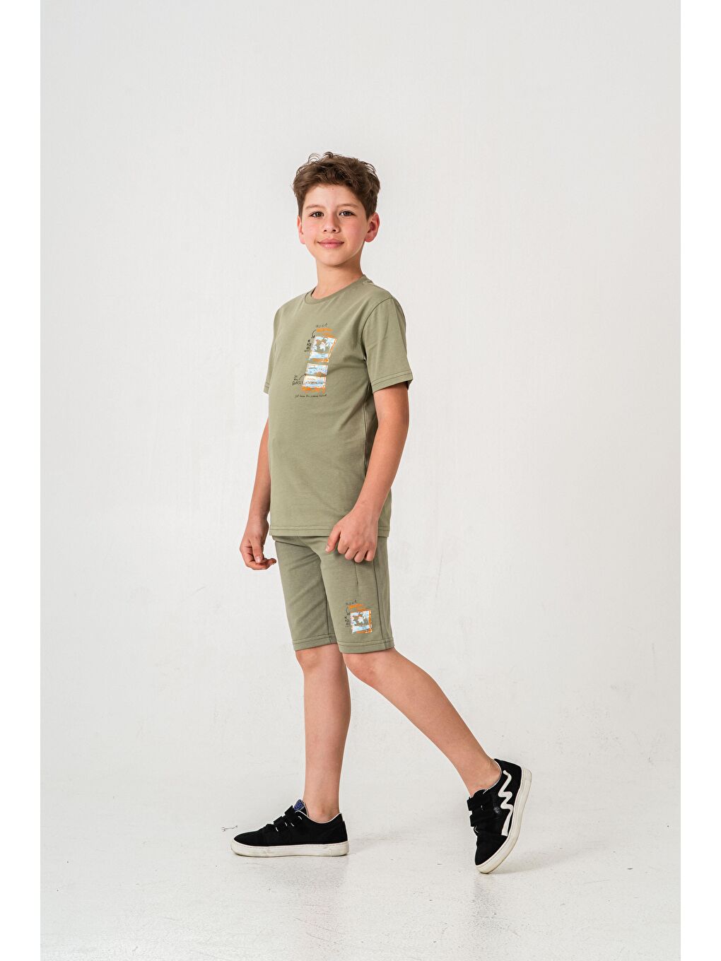 Yeşil Vacation Time Baskılı Bacak  Baskı Detaylı  Erkek Çocuk Şort - Tişört Takımı-4