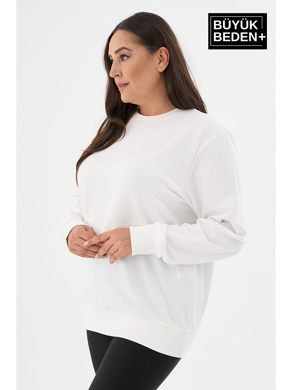 Ekru Kadın Büyük Beden Bisiklet Yaka İnce Sweatshirt SPR24BSWK56-3