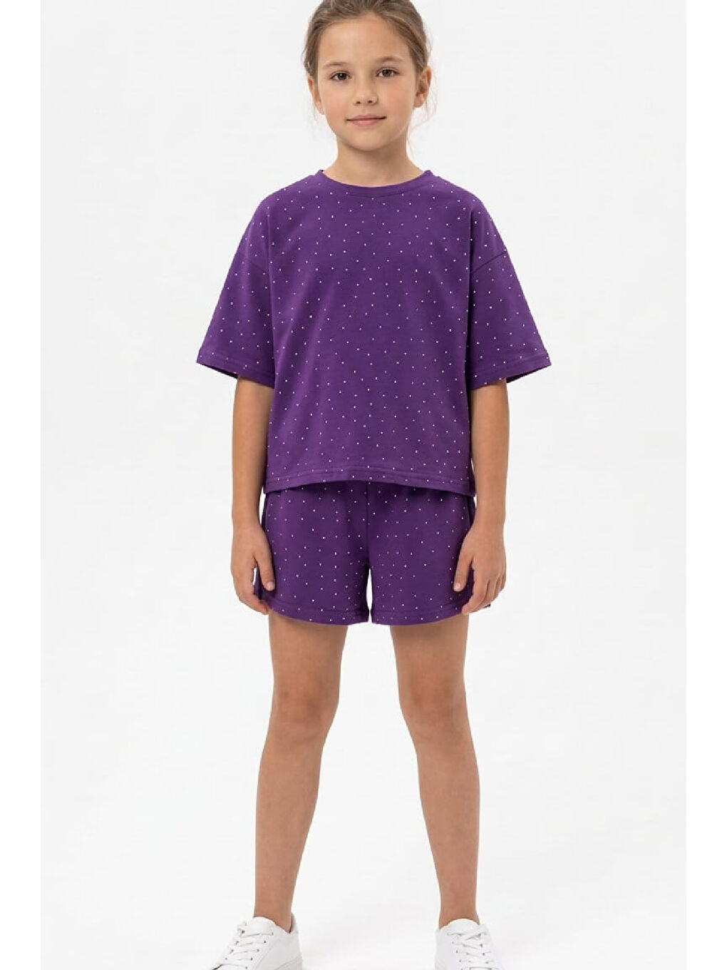 Mor Kız Çocuk Taş Süslemeli Şortlu Alt-Üst Takım 4-12 Yaş 12561