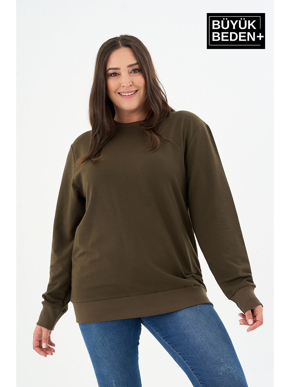 Haki Kadın Büyük Beden Bisiklet Yaka İnce Sweatshirt SPR24BSWK56-1