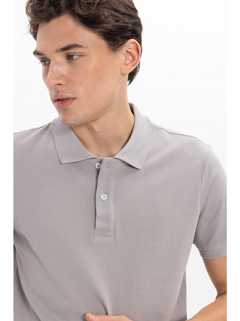 Erkek Slim Fit Dar Kesim %100 Pamuk Kısa Kollu Polo Yaka Gri Tişört-3