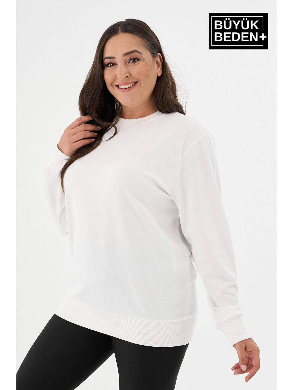 Ekru Kadın Büyük Beden Bisiklet Yaka İnce Sweatshirt SPR24BSWK56-4