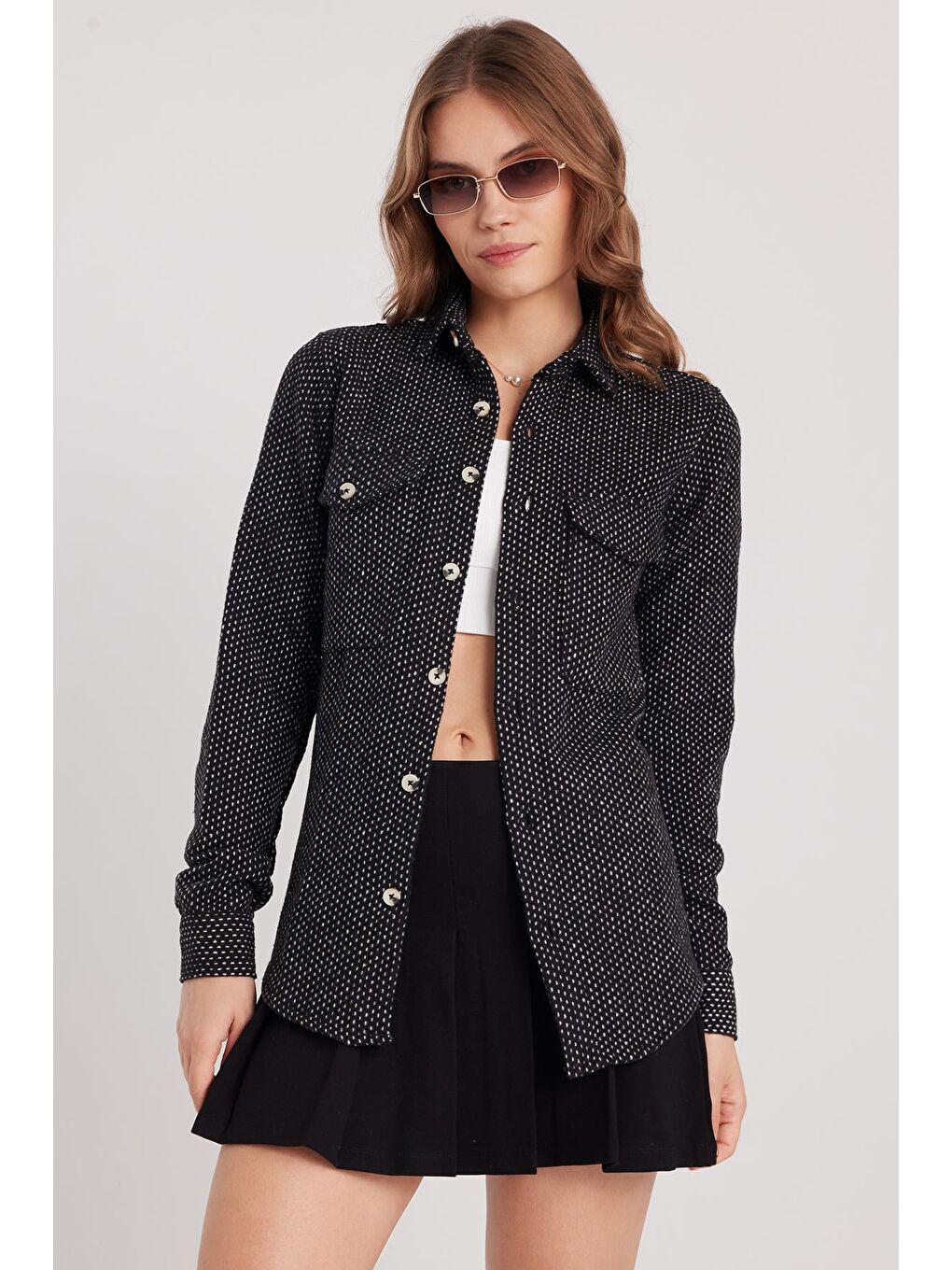 Siyah Kadın Slim Fit Dar Kesim Uzun Kollu Çizgili Çift Cepli Kışlık Oduncu Gömlek