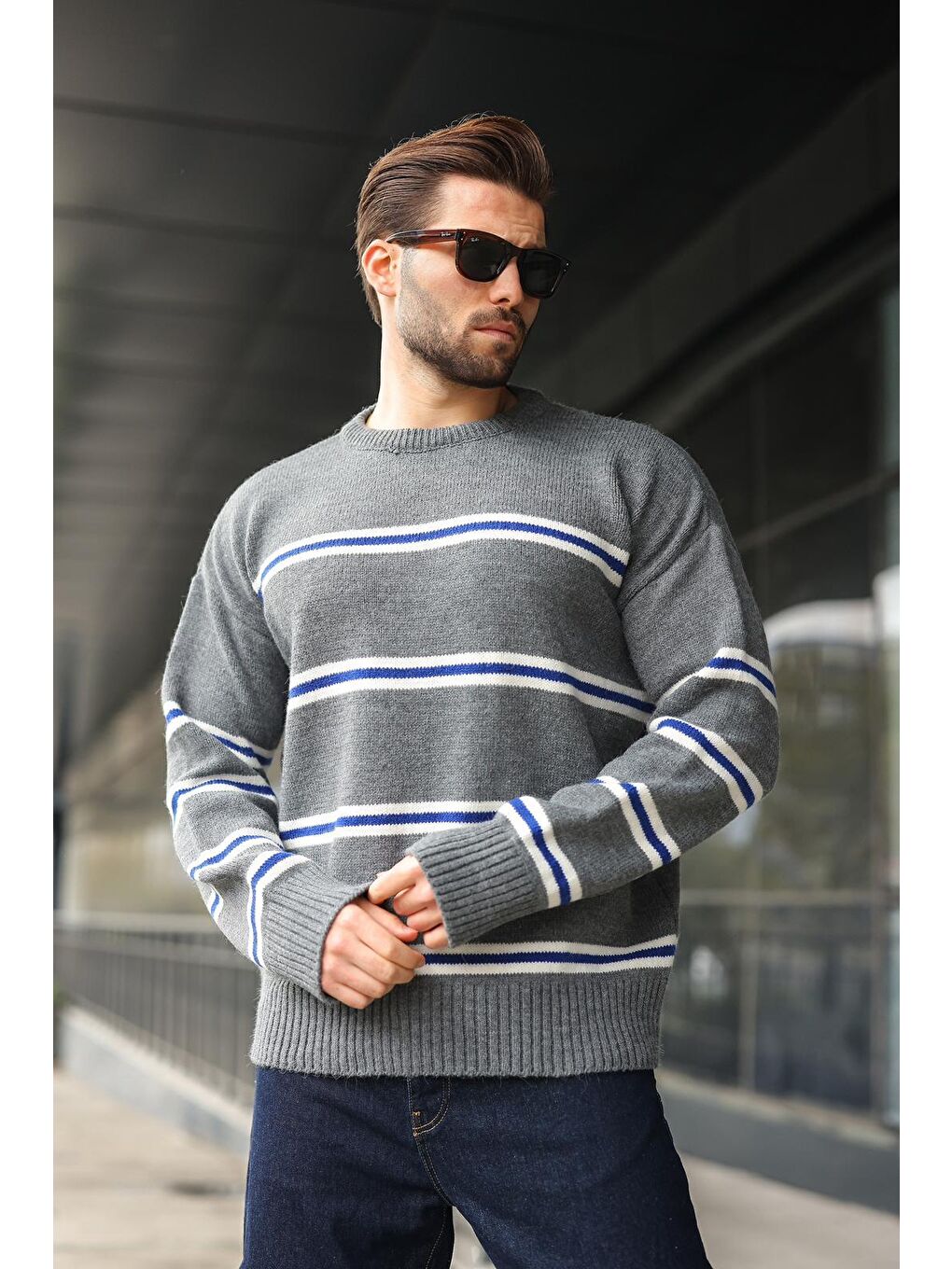 Antrasit Çizgili Bisiklet Yaka Triko Erkek Kazak E7457-3