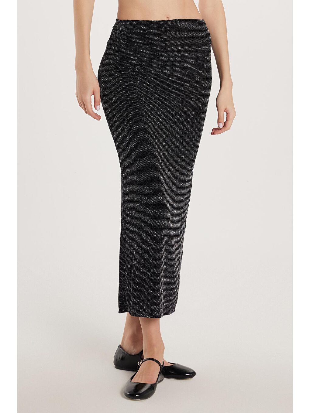 Kadın Slim Fit Simli Düz Siyah Etek