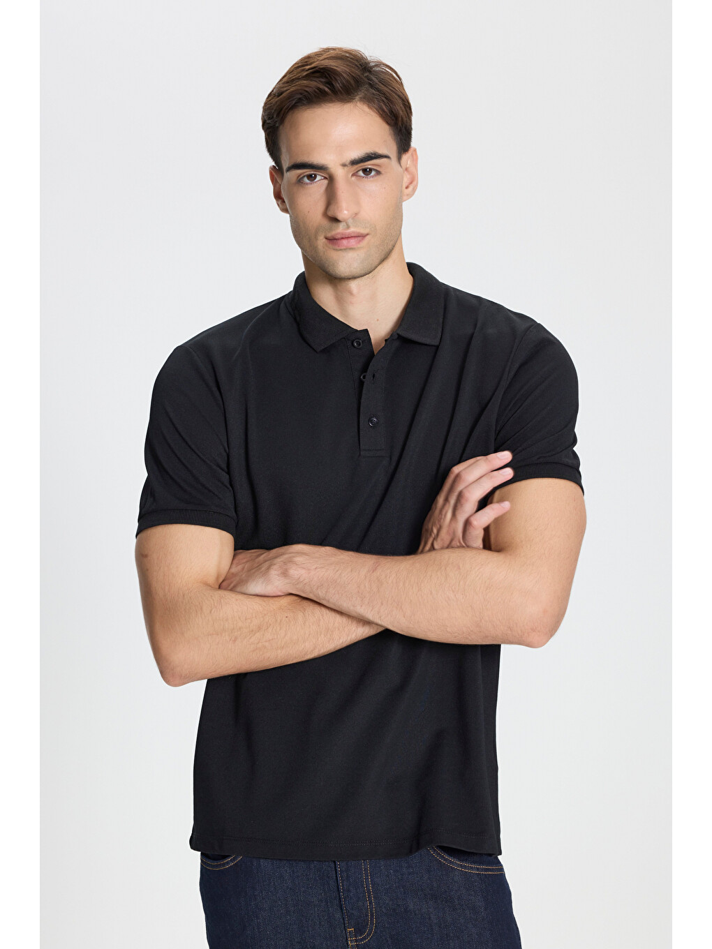 Erkek Siyah-siyah Pamuklu Slim Fit Dar Kesim Polo Yaka Tişört-3