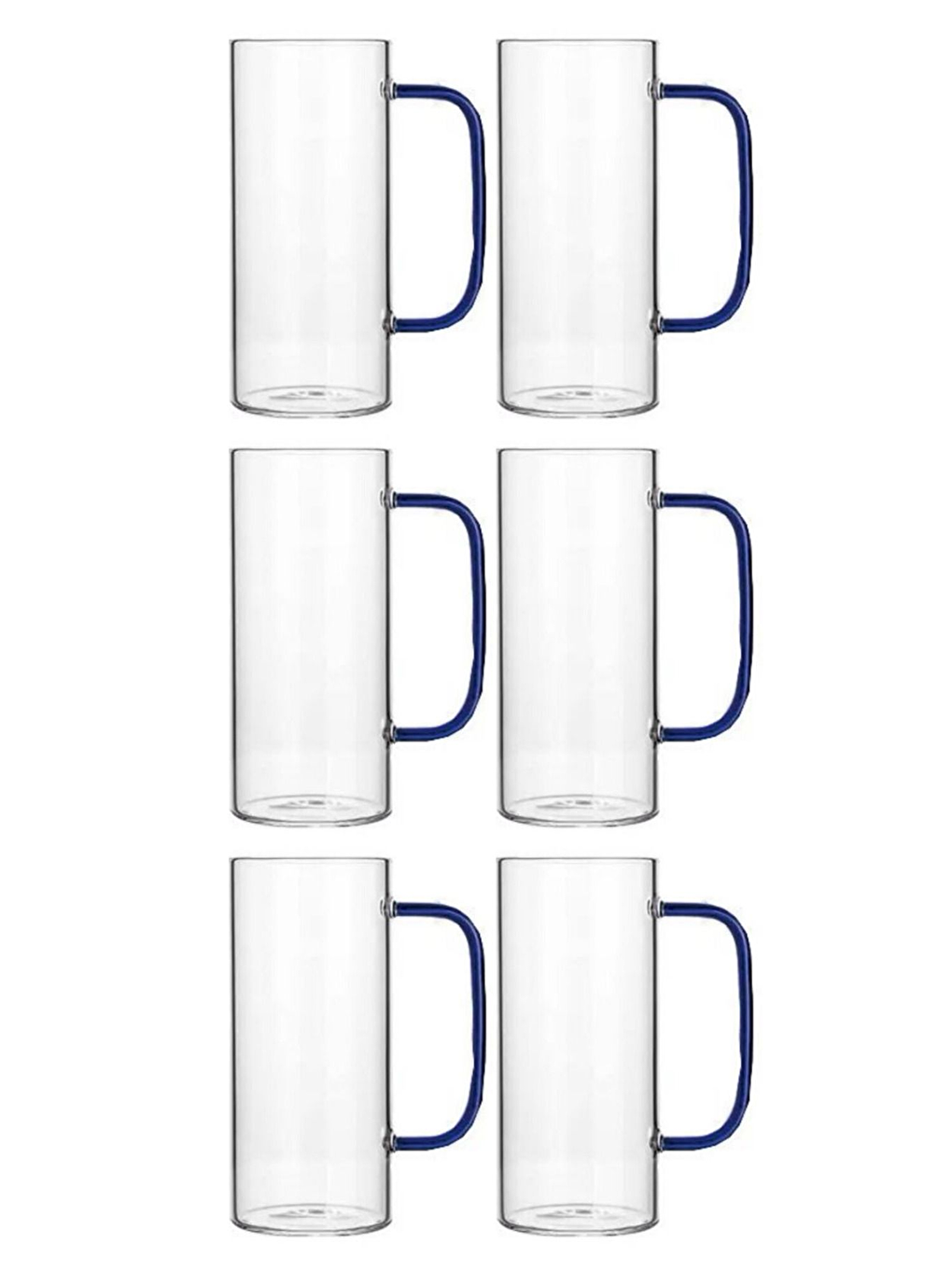 Renksiz Mavi Renkli Borosilikat Cam Kulplu Kupa 400 ml 6 Adet