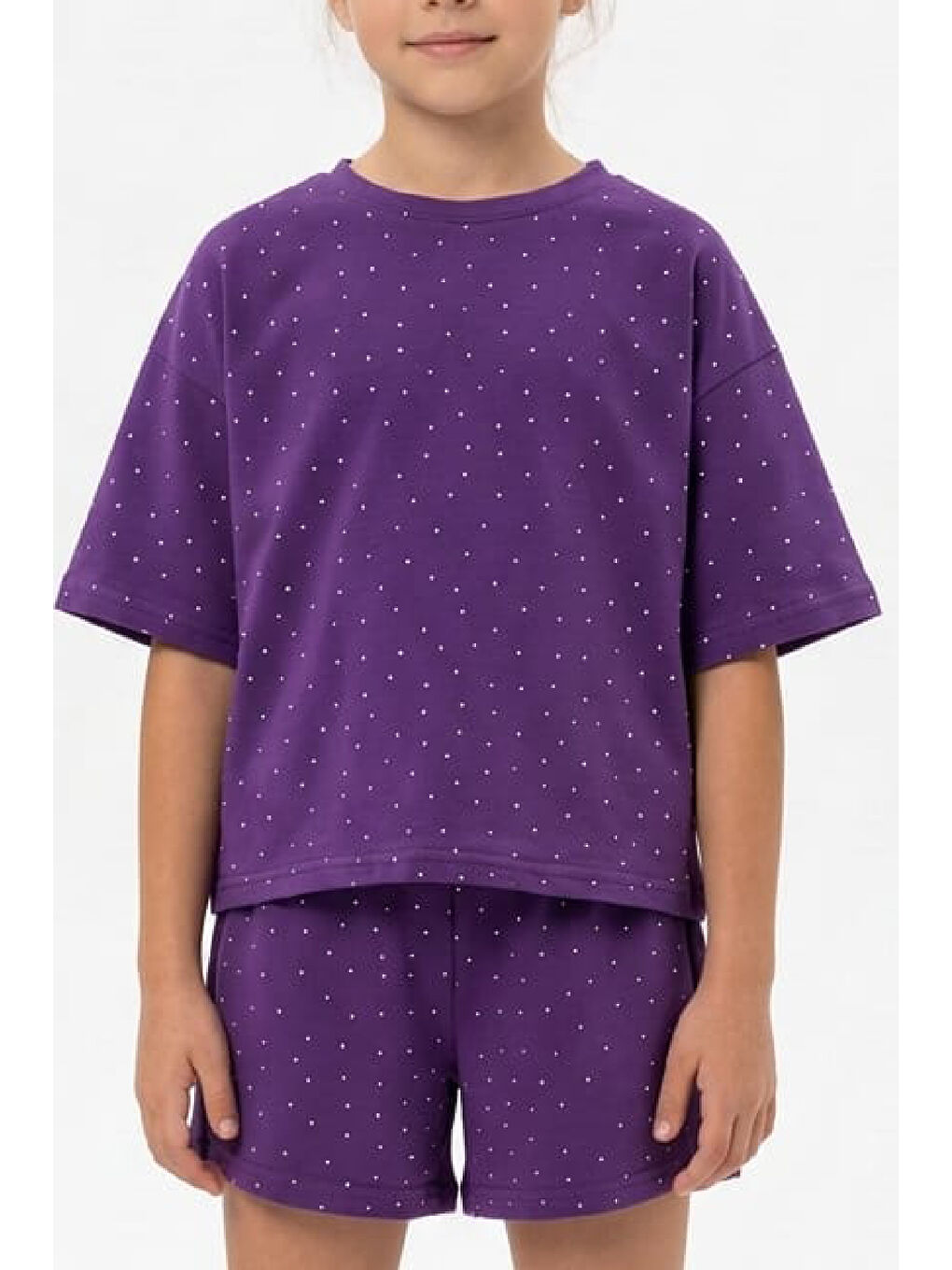 Mor Kız Çocuk Taş Süslemeli Şortlu Alt-Üst Takım 4-12 Yaş 12561-1