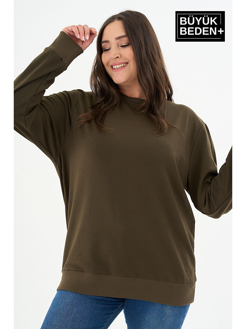 Haki Kadın Büyük Beden Bisiklet Yaka İnce Sweatshirt SPR24BSWK56-3