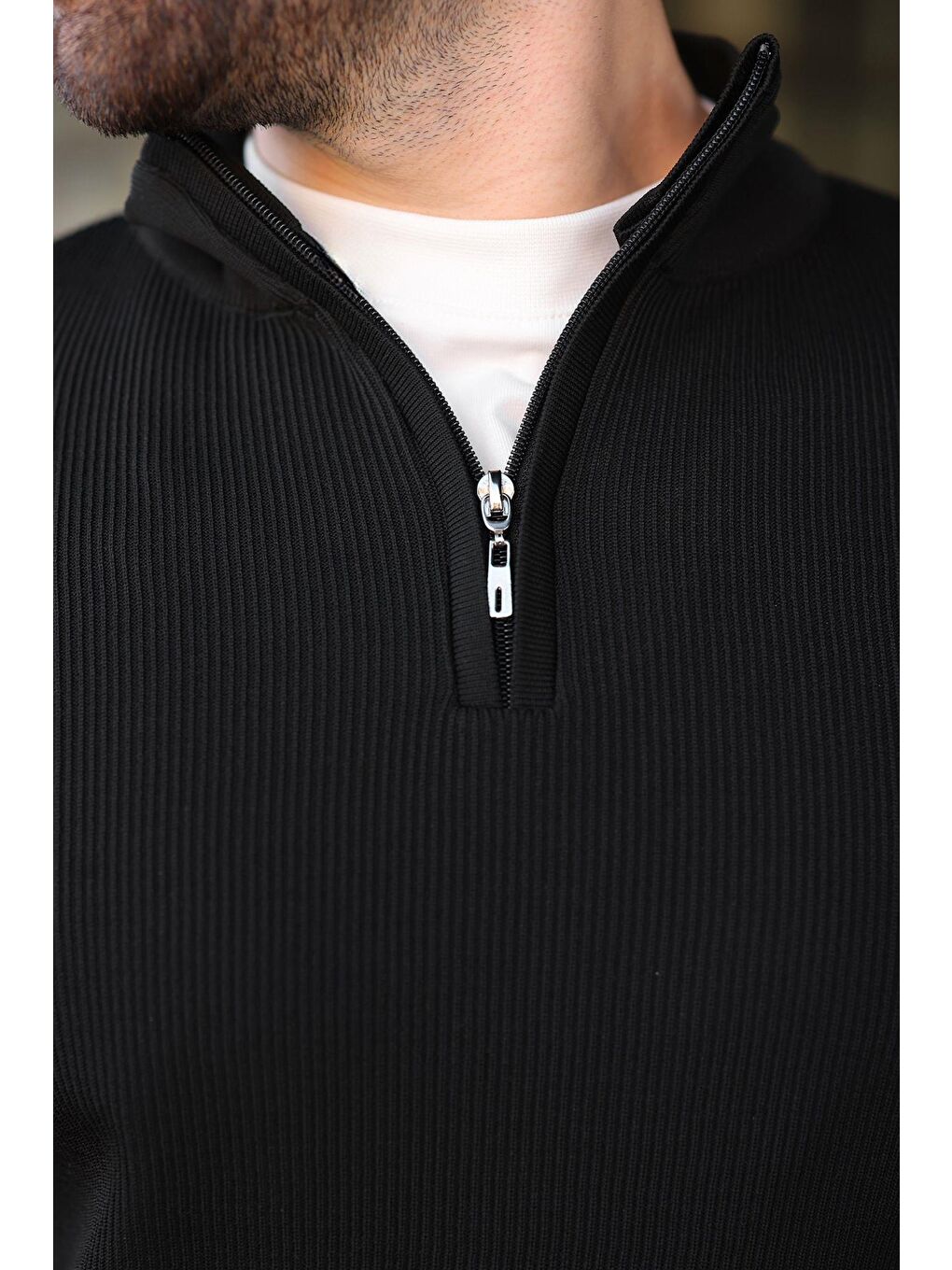 Siyah Yarım Fermuarlı Dik Yaka Erkek Triko Kazak 7442-3
