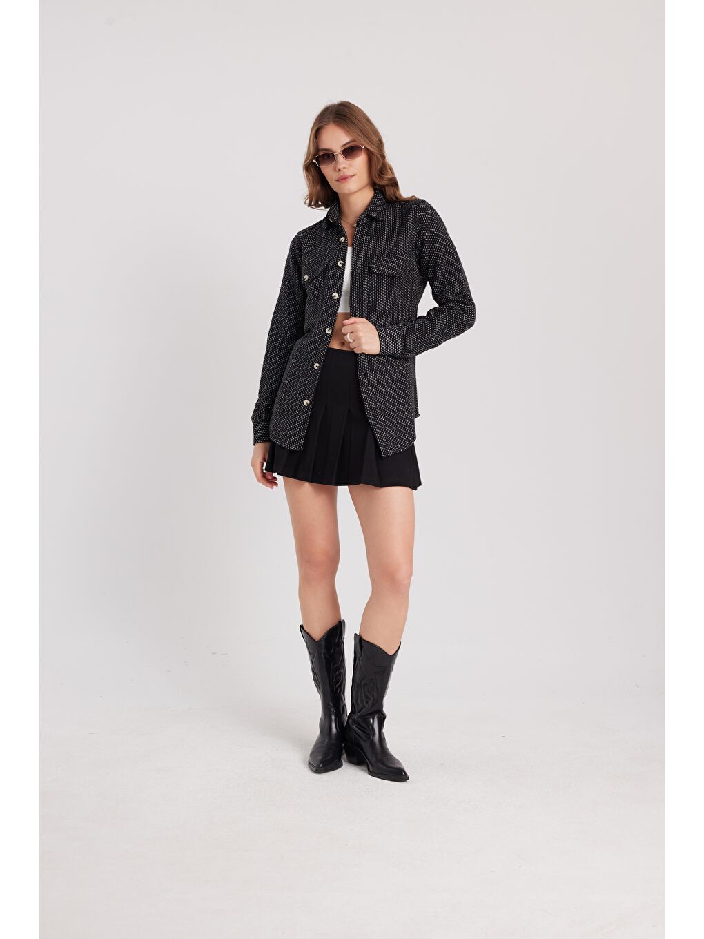 Siyah Kadın Slim Fit Dar Kesim Uzun Kollu Çizgili Çift Cepli Kışlık Oduncu Gömlek-4