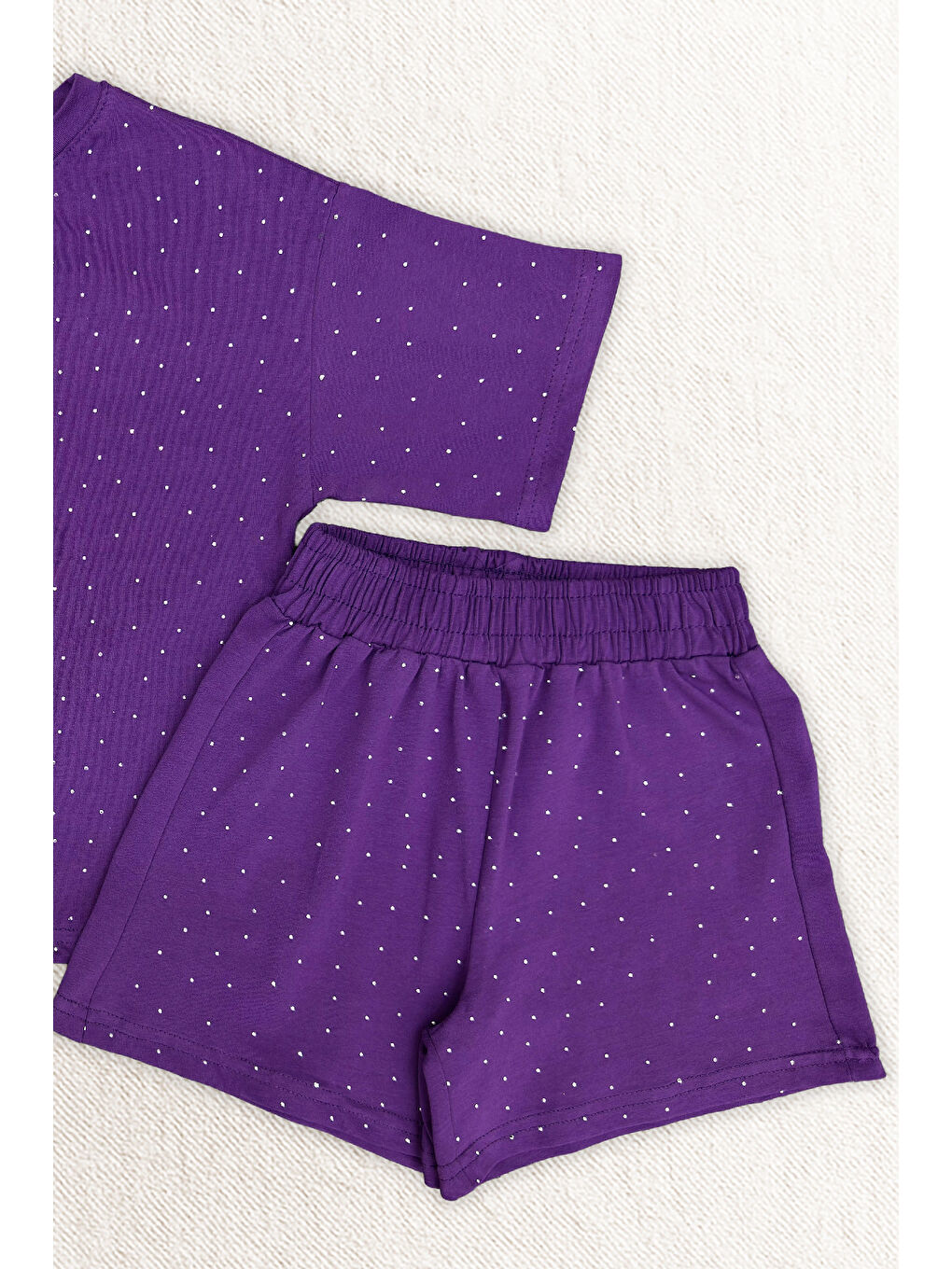Mor Kız Çocuk Taş Süslemeli Şortlu Alt-Üst Takım 4-12 Yaş 12561-2