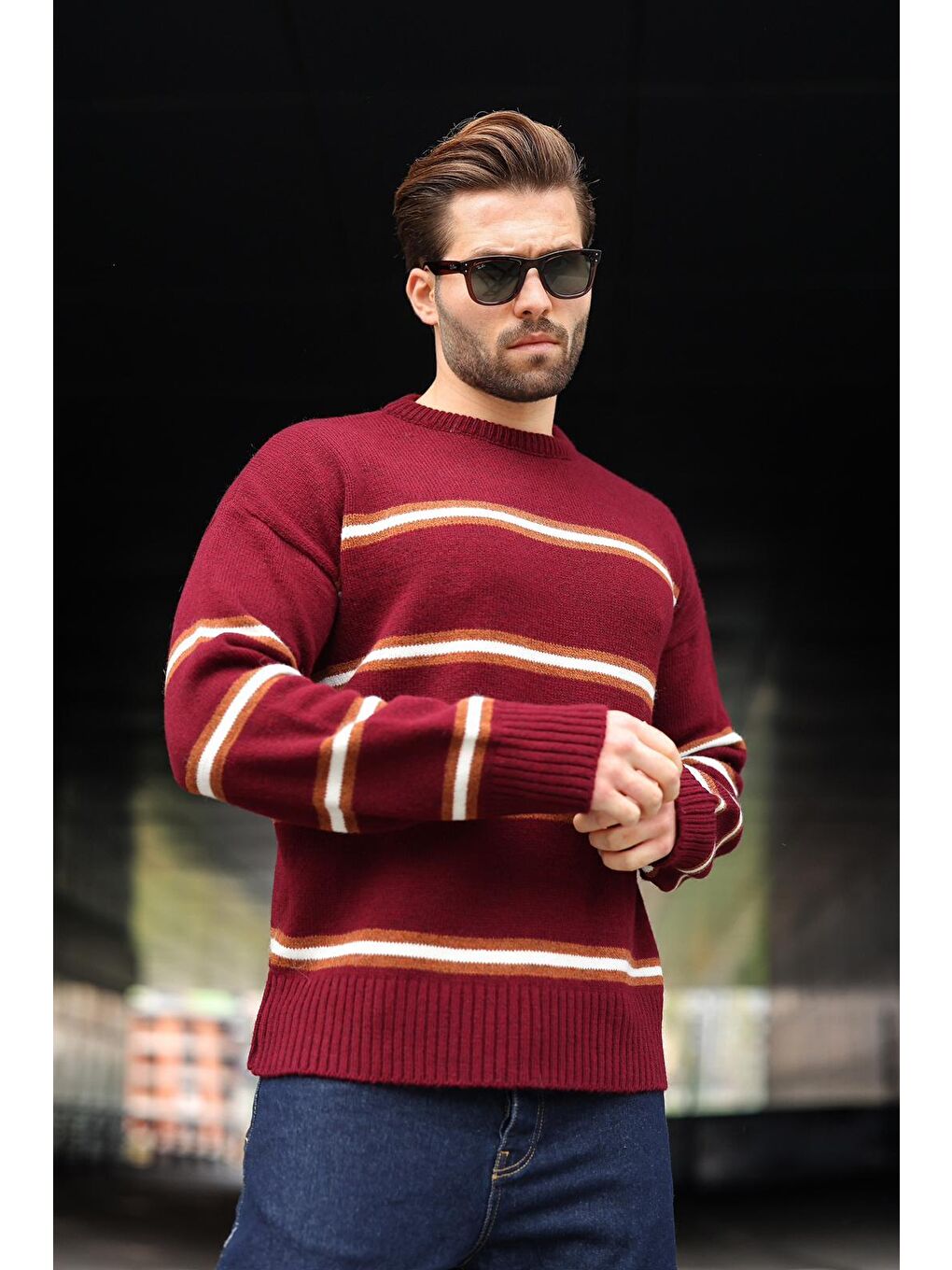 Bordo Çizgili Bisiklet Yaka Triko Erkek Kazak E7457-1