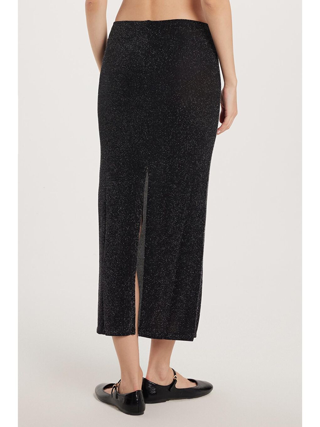 Kadın Slim Fit Simli Düz Siyah Etek-4