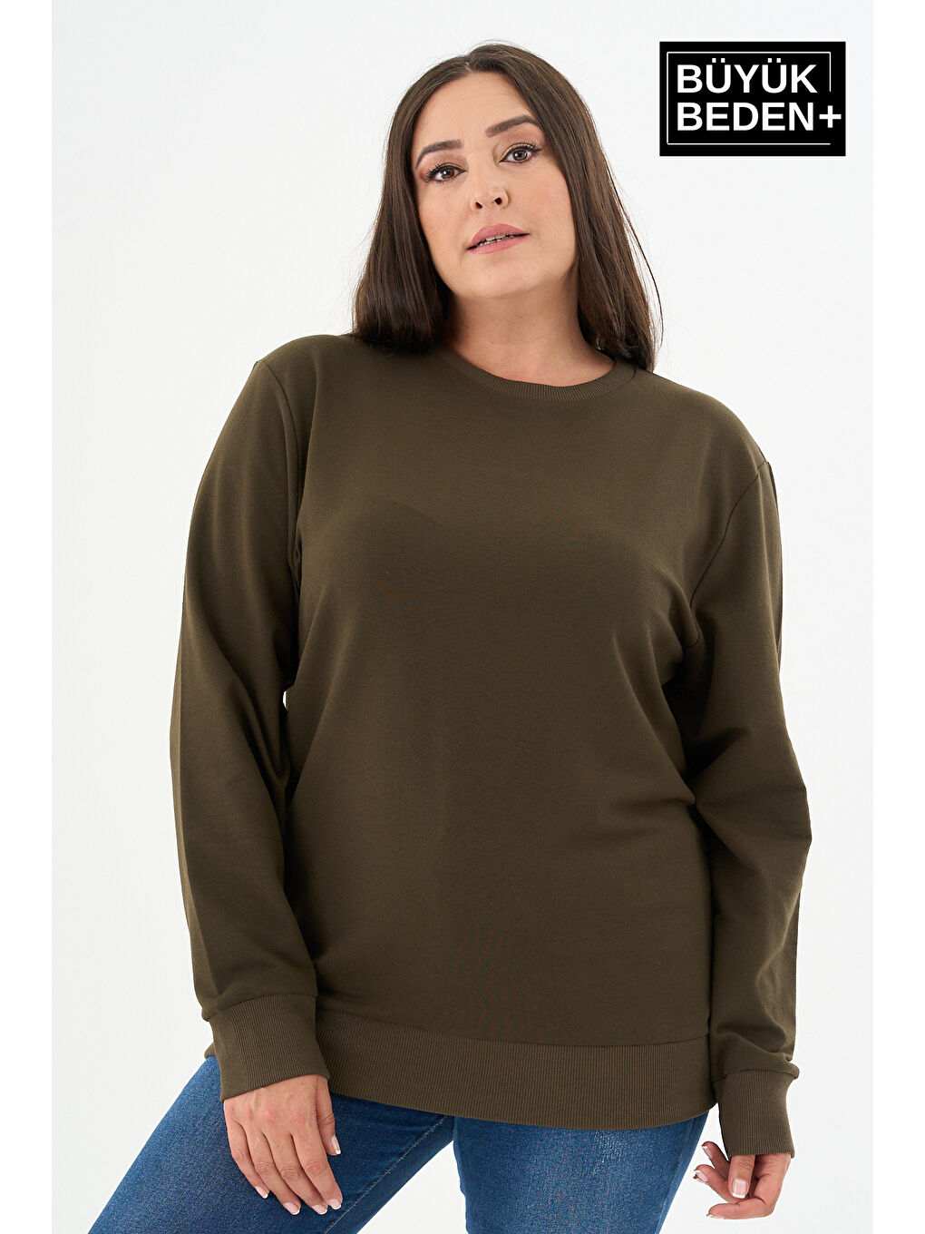 Haki Kadın Büyük Beden Bisiklet Yaka İnce Sweatshirt SPR24BSWK56-4