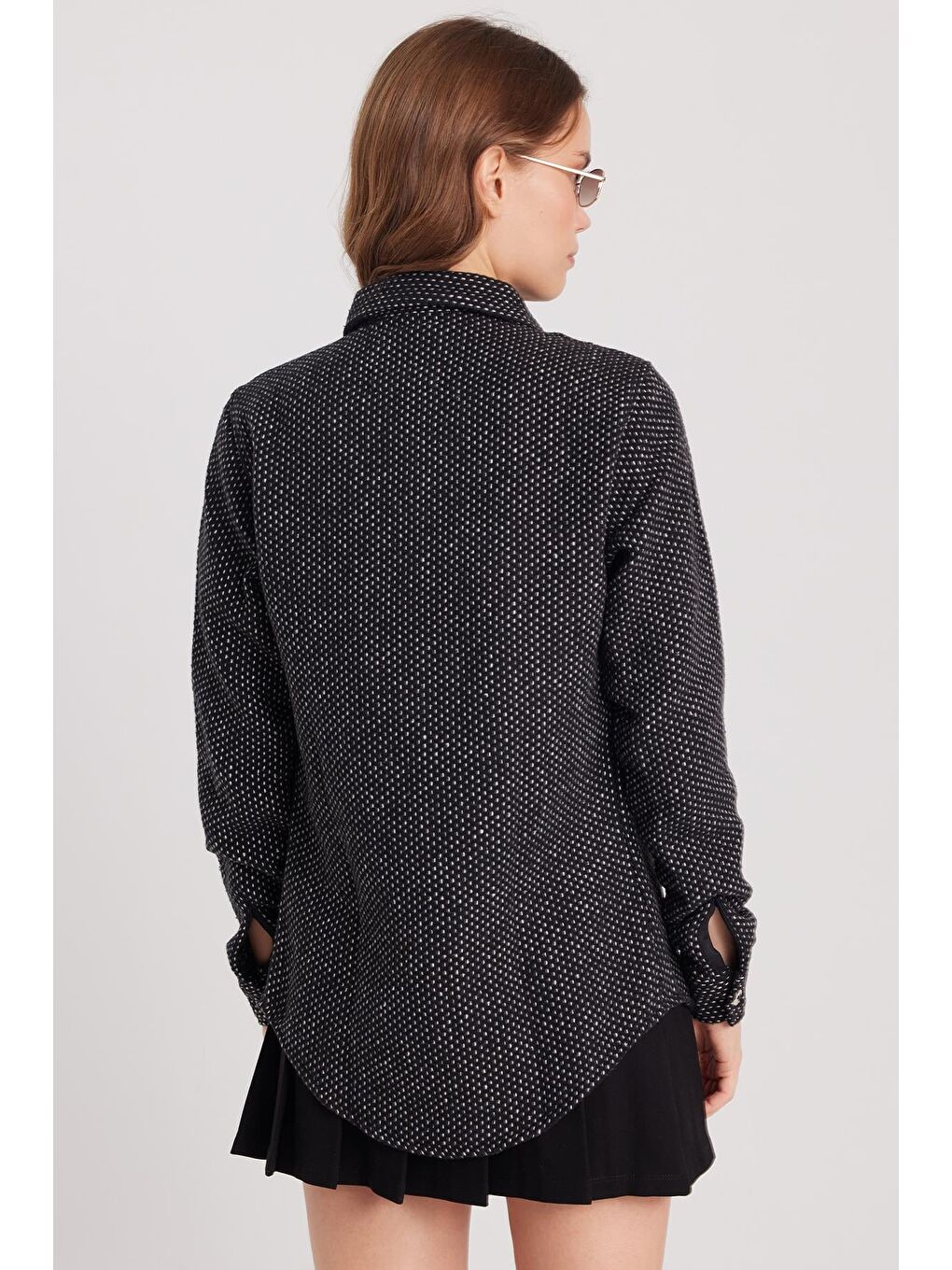 Siyah Kadın Slim Fit Dar Kesim Uzun Kollu Çizgili Çift Cepli Kışlık Oduncu Gömlek-6