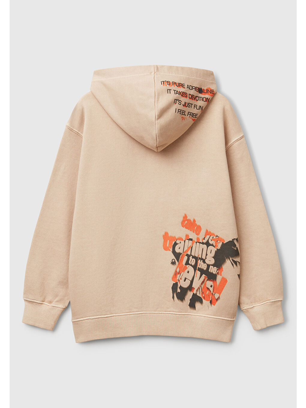 Erkek Çocuk Bej Baskılı Soluk Efektli Kese Cepli Kapüşonlu Sweatshirt-1