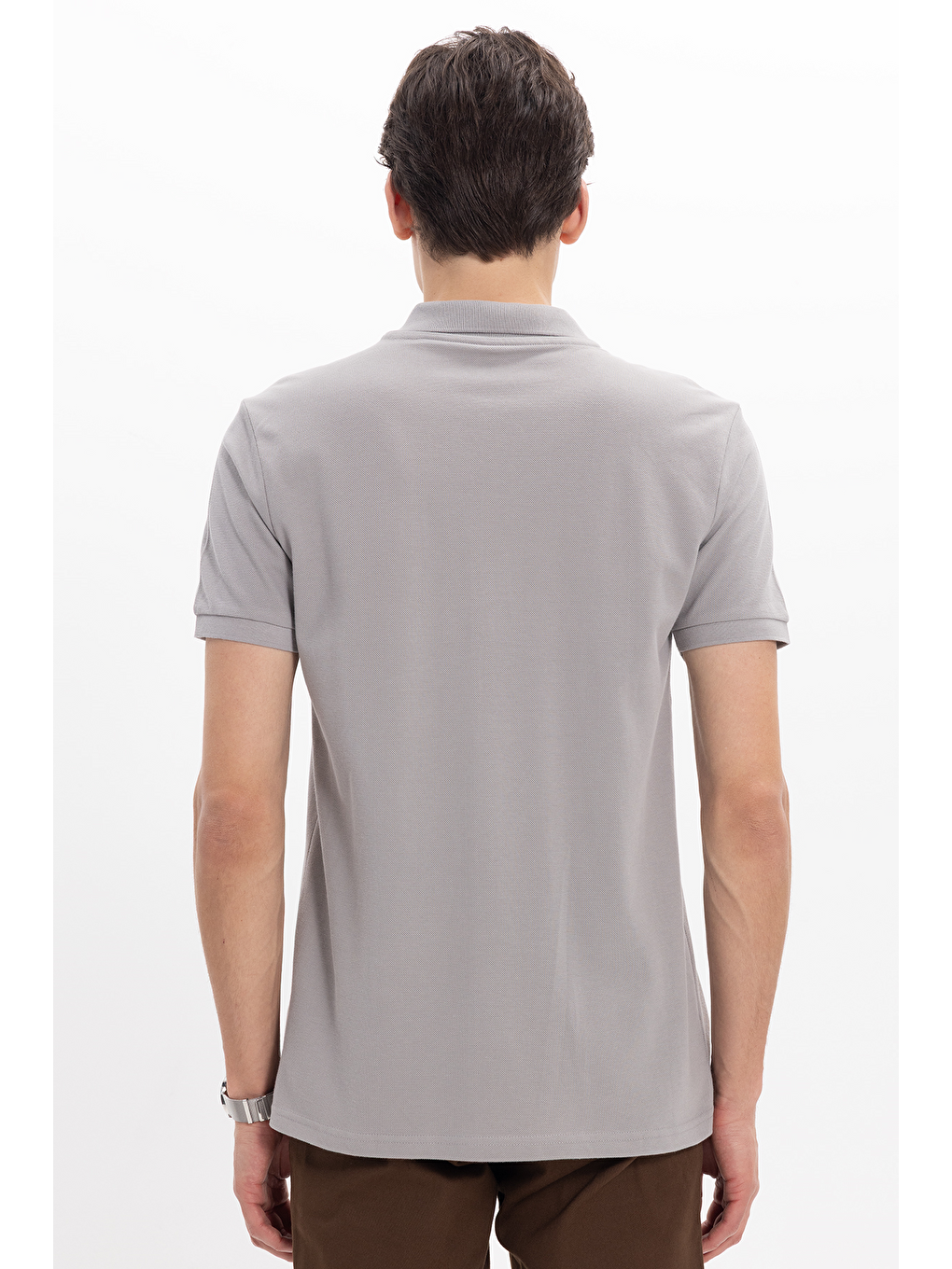 Erkek Slim Fit Dar Kesim %100 Pamuk Kısa Kollu Polo Yaka Gri Tişört-5