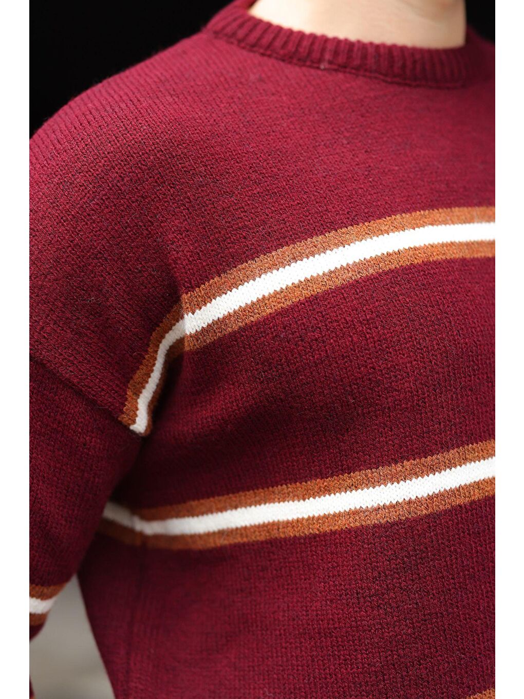 Bordo Çizgili Bisiklet Yaka Triko Erkek Kazak E7457-2