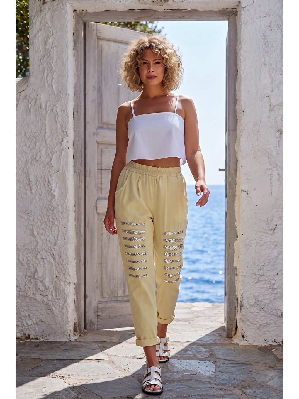 Sarı İtalyan Açık Limon Cepli Pul Payetli Lastikli Bel Dar Paça Casual Dokuma Pantolon 95 65-3