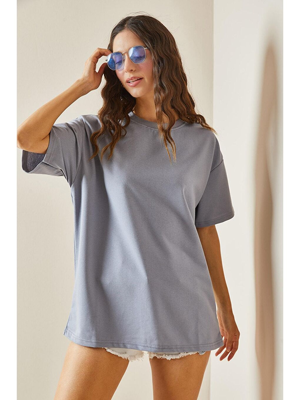 XHAN Buz Mavisi Oversize Basic T-Shirt 3YXK1-47087-43