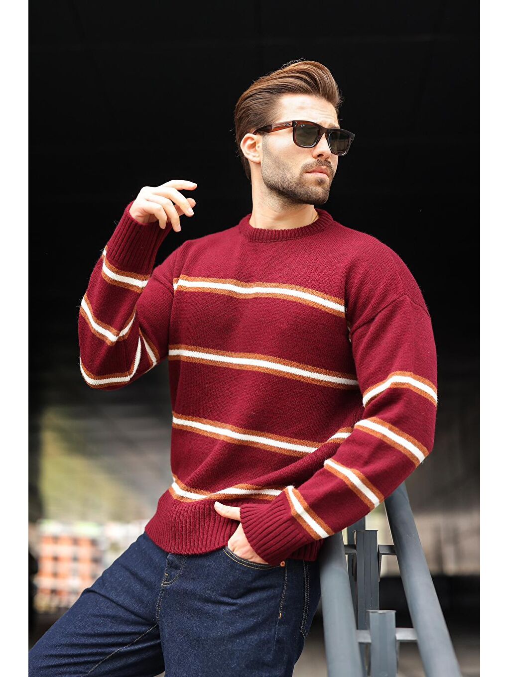 Bordo Çizgili Bisiklet Yaka Triko Erkek Kazak E7457-3