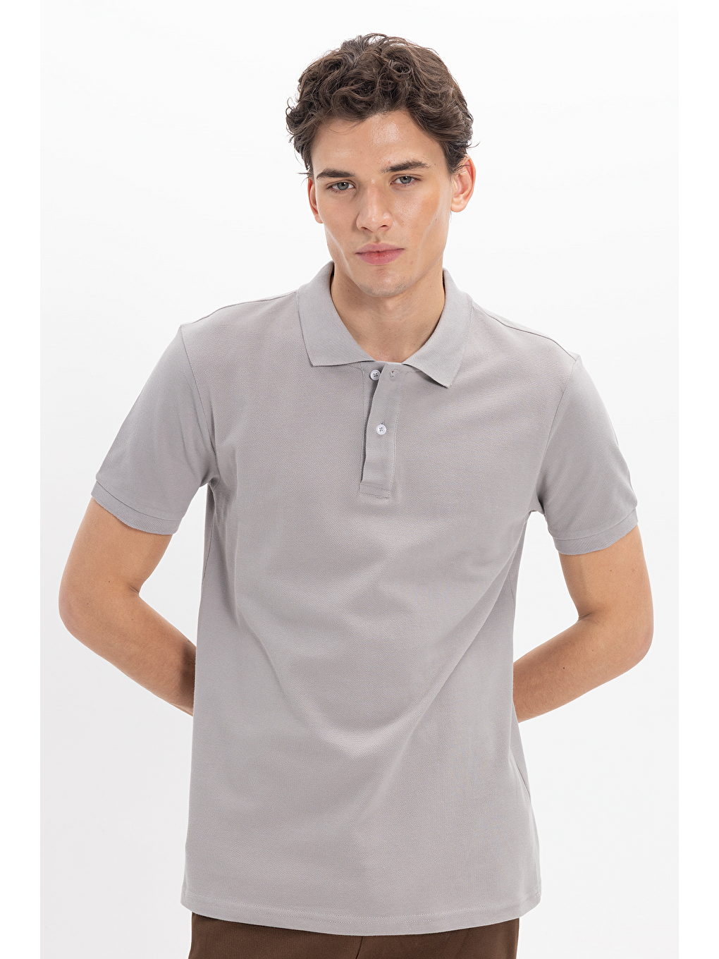 Erkek Slim Fit Dar Kesim %100 Pamuk Kısa Kollu Polo Yaka Gri Tişört-6