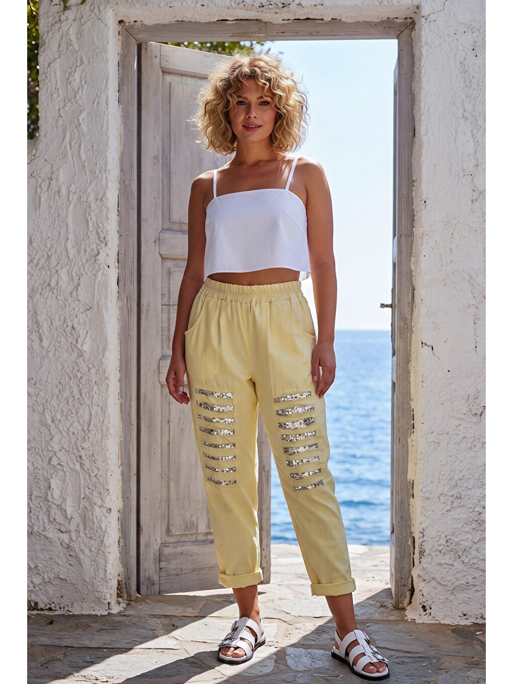 Sarı İtalyan Açık Limon Cepli Pul Payetli Lastikli Bel Dar Paça Casual Dokuma Pantolon 95 65-5