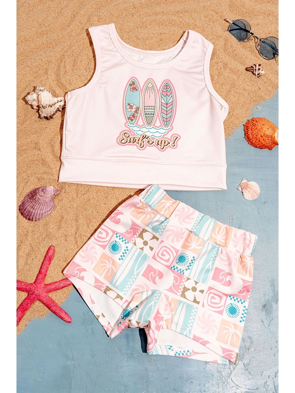 Ekru Kız Çocuk Surf Baskılı Crop Mayo Bikini Takım-1