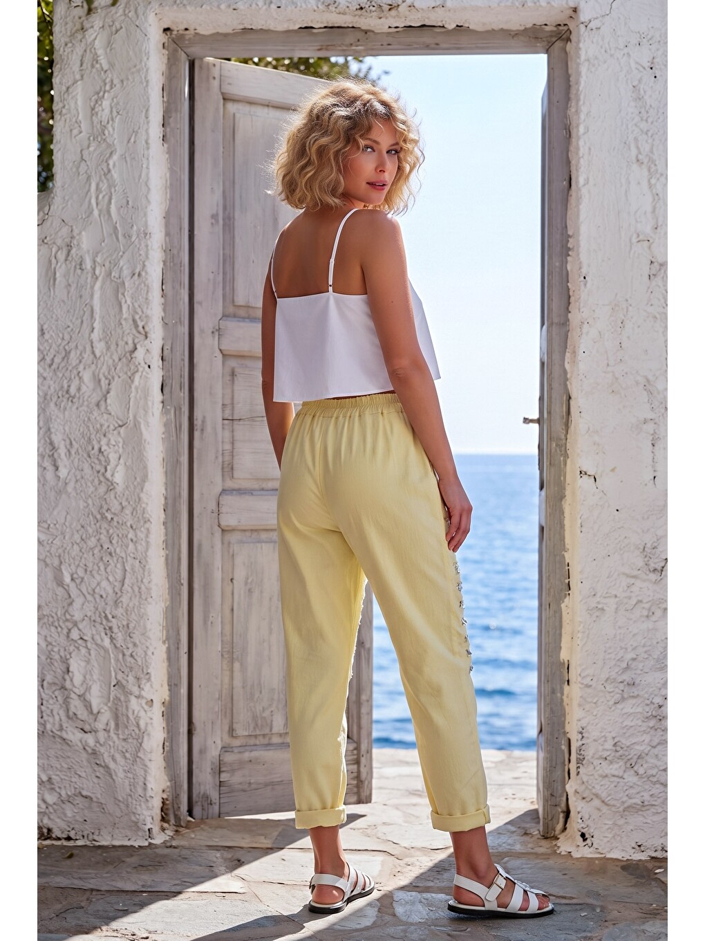 Sarı İtalyan Açık Limon Cepli Pul Payetli Lastikli Bel Dar Paça Casual Dokuma Pantolon 95 65-6